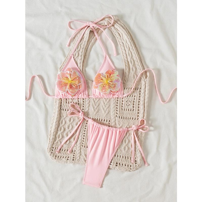 Pink 3D Flower Two Piece Swimsuit Sexy Halter Bandage Push Up Tie Side Thong Bikini 2025 Summer Bathing Suit Vacation Swimwear