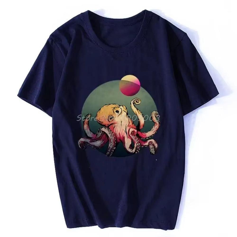 Глубоководный осьминог Смешная винтажная футболка Повседневная футболка Большие топы унисекс Мужская одежда Футболка для фитнеса