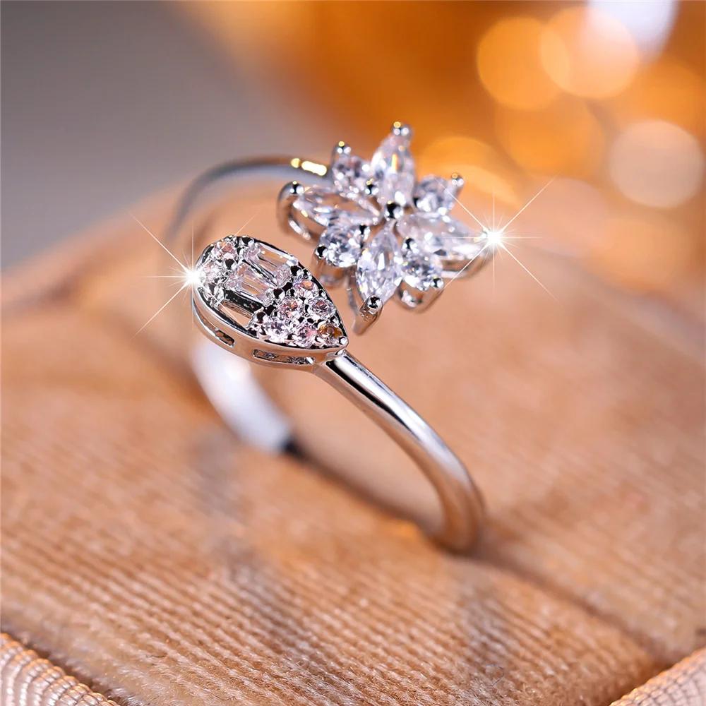 Small White Zircon Snowflake Open Ring for Women Silver Color Wedding Floral Aesthetic Jewelry