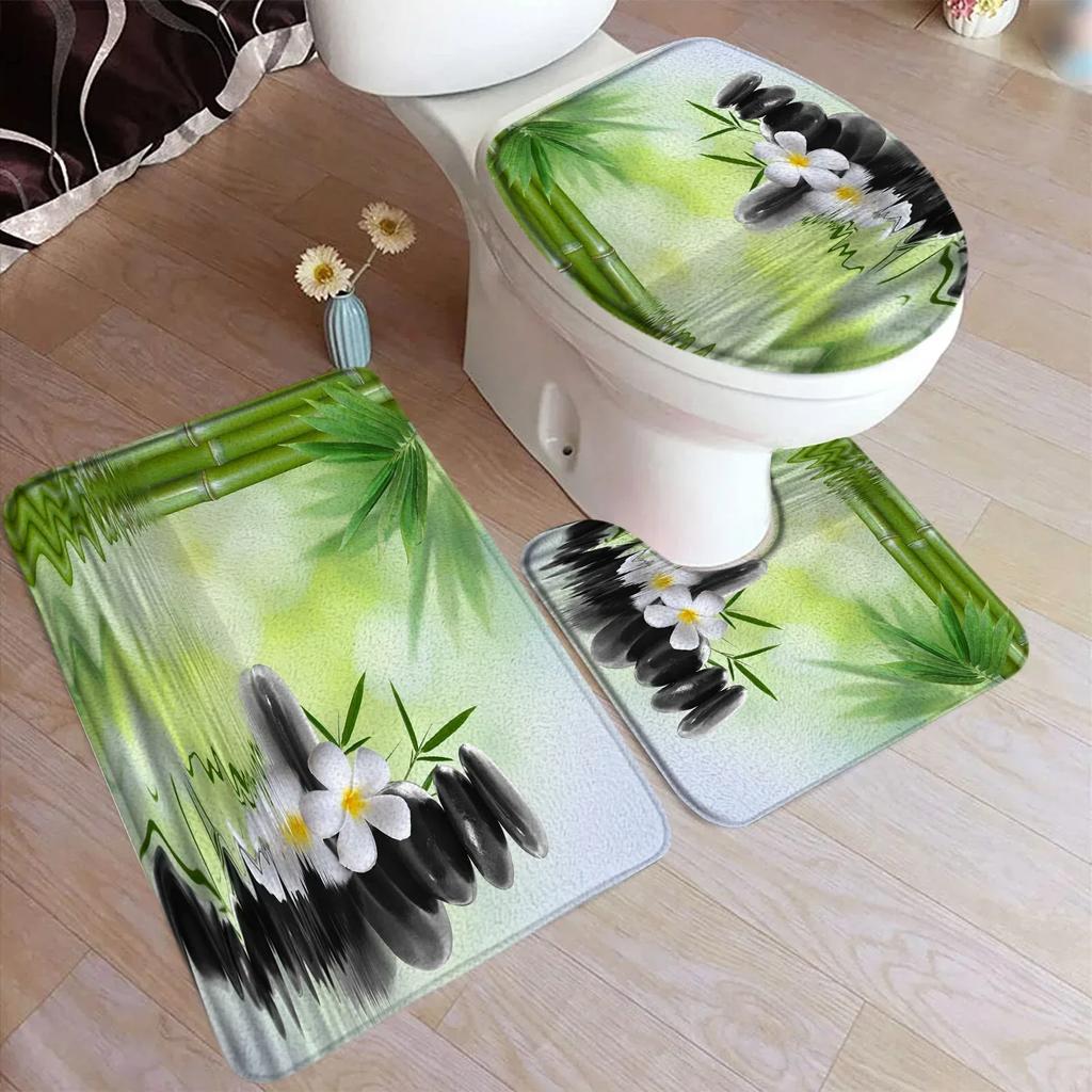 Zen Green Bamboo Bath Mat Set Natural Orchid Flower Black Stone Plant Home Carpet Bathroom Decorative Floor Rug Toilet Lid Cover