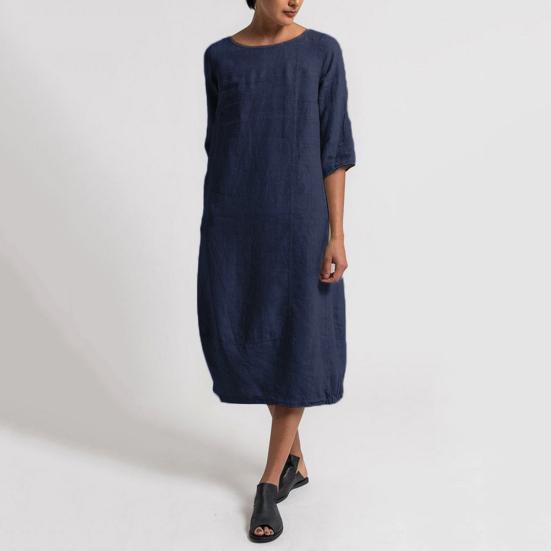 Newest Vintage Summer Women Solid Color O Neck Half Sleeve Linen Soft Loose Midi Dress