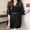Летняя тонкая ажурная рубашка с V-образным вырезом, солнцезащитный чехол свободного кроя, средней длины, с короткими рукавами, из трикотажного шелка для женщин