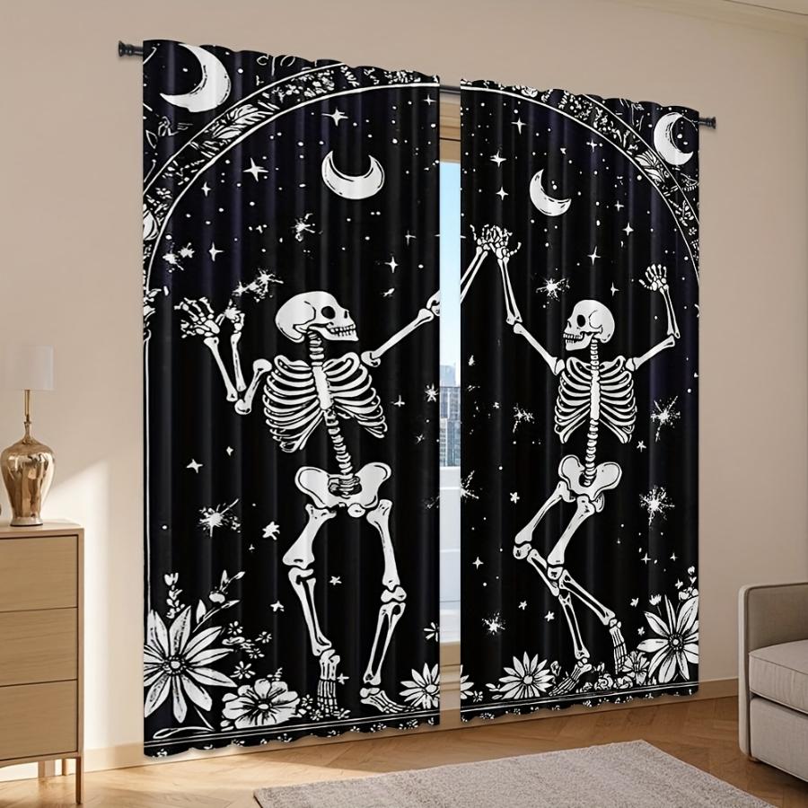 2 Pack Digital Print Curtains Dancing Skeletons Crescent Moon Stars Flowers Black White Cartoon Fun Halloween Window Decor