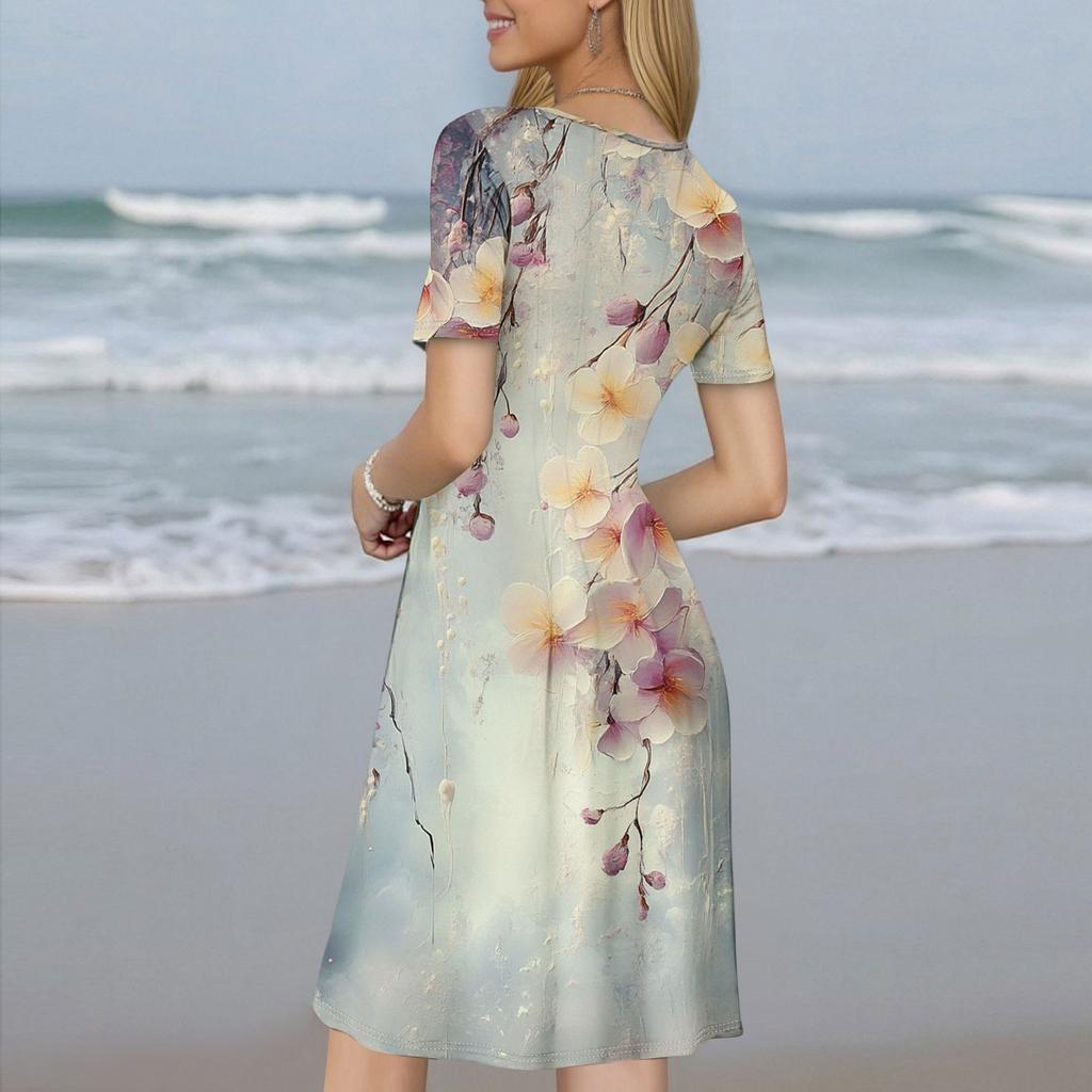 Women's Fashionable Print Round Neck Loose Short Sleeved Pocket Pullover Dress