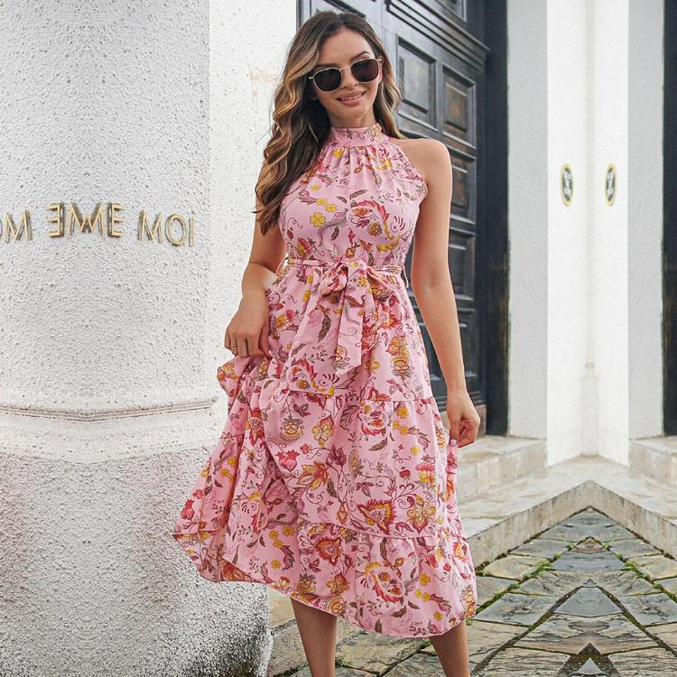 Винтажное платье халтер без рукавов длинное женское на шнуровке с принтом весна лето для отпуска S-XL