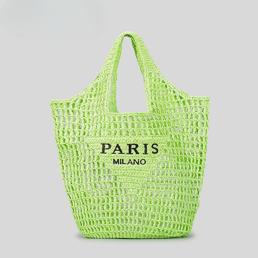 Women's Mesh Pocket Handmade Woven Beach Tote Holiday Shoulder Bag Skeleton Straw Bag