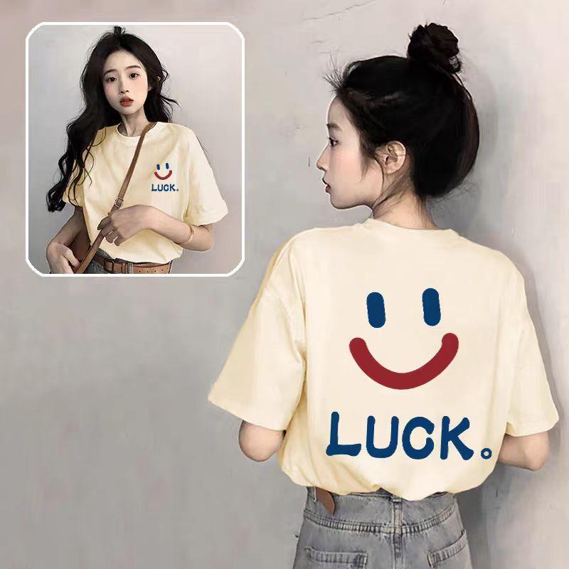 Women's Crew Neck Short Sleeve Oversized Tee Loose Fit Casual Cotton Top Front Back LUCK Smiley Face Letter Print Summer Tunic