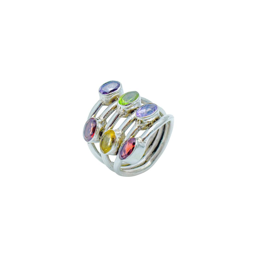 Multi-Gemstone Spiral Ring: 925 Sterling Silver, Amethyst Garnet Peridot Citrine
