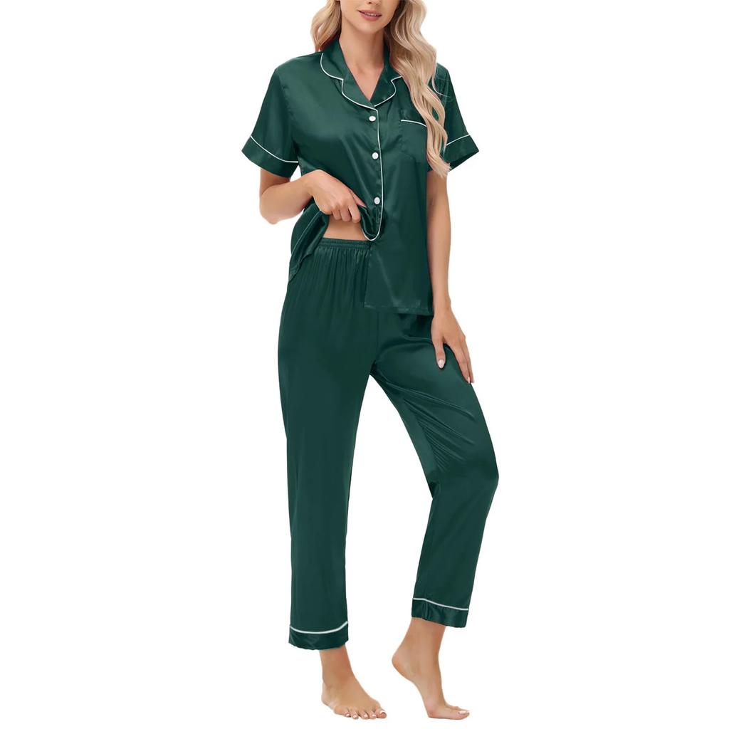 Ice Silk Pajamas Satin Suit Short-sleeved Trousers Plus Size Women's Home Wear