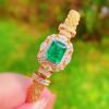 Italian Retro Handmade Woven Gold Simulation Zambian Emerald Bracelet, Luxurious Full Diamond Opening Bracelet for Women