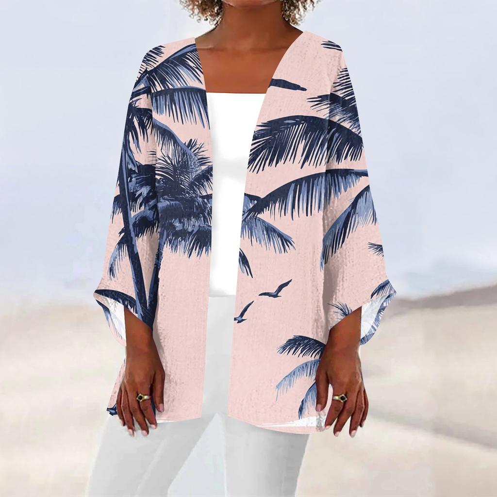 Women's Casual Fashion Beach Ocean Tree Print Lightweight Mid-Length Jacket Cardigan