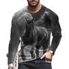 Animal Horse Pattern Printed Men's Long Sleeved T-Shirt Creative Personality Street Fashion Casual Quality Comfortable Clothing