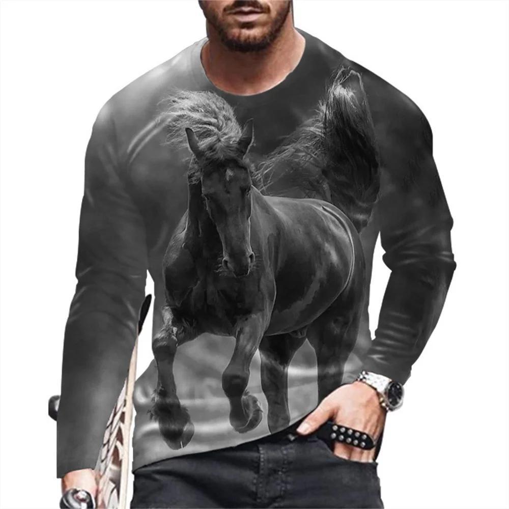Animal Horse Pattern Printed Men's Long Sleeved T-Shirt Creative Personality Street Fashion Casual Quality Comfortable Clothing