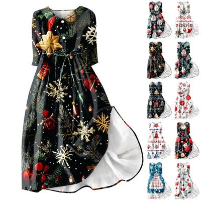 Женское модное платье с рождественским принтом, застегивающееся на пуговицы, с манжетами длиной семь четвертей и бретельками