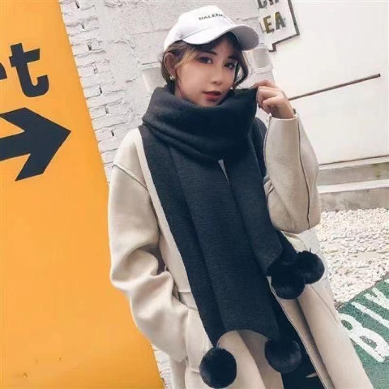 Scarf Winter New Korean Version Baiqiu Winter Solid Color Student White Hanging Ball Knitted Wool Winter Girl Scarf