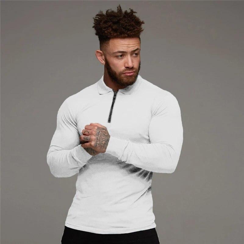 Muscleguys Высокое качество, однотонная приталенная рубашка-поло, мужские хлопковые футболки для фитнеса с длинными рукавами на осень и весну