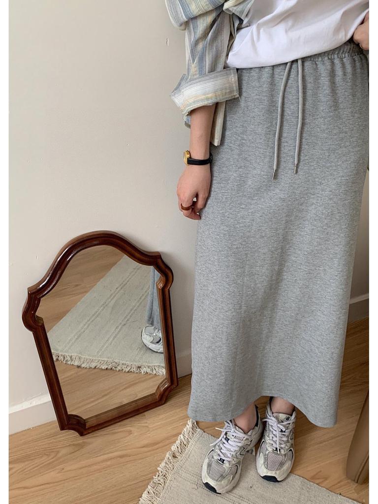 Женская юбка с высокой талией и шнуровкой: Новый стиль весна/осень, повседневное платье А-силуэта с драпировкой, средней длины с разрезом на бедрах.