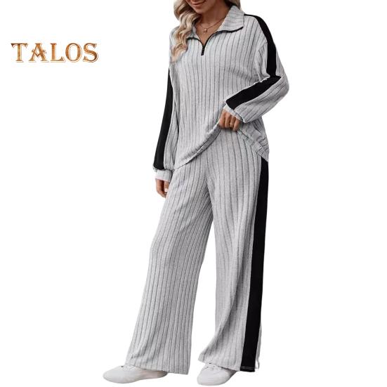 2 шт./комплект женский топ и брюки комплект с застежкой-молнией и воротником-стойкой, длинные рукава, однотонная толстовка с эластичной резинкой на талии, широкие спортивные штаны, спортивный наряд на осень