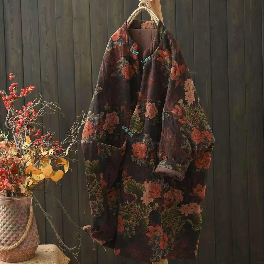 Johnature Woman Winter Vintage Chinese Style Print Long Sleeves Fashion Loose Single Breasted Coats