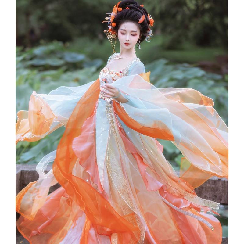 Женская рубашка Hanfu с рукавами-бабочками, комплект с юбкой до груди в стиле династии Тан, вышивка в тяжелом стиле, супер-сказочное осеннее платье-принцесса