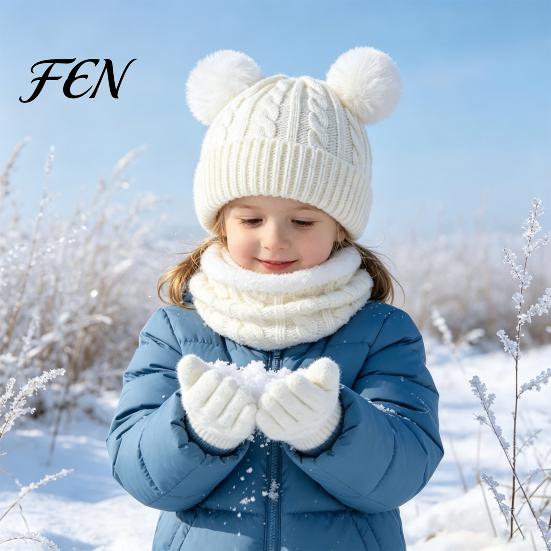 Thickened Warmth Set for Autumn Kids Winter Warm Knit Set, Bear Ear Hat, Fleece Lined Neck Gaiter & Five Finger Gloves Toddlers Full Gloves,