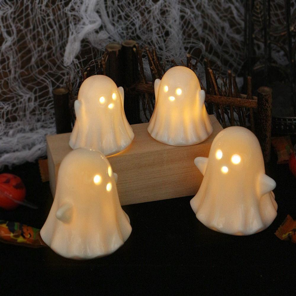 2pcs Cartoon Glowing Ghosts Light Ceramic Small Ghost Figurines Haunted House