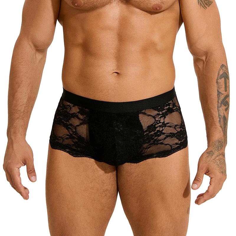 Men's Lace Sexy Underwear With Hollow Transparent Flat Corners 2pc