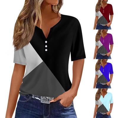 Жен. Футболка Футболка С принтом Пуговицы С короткими рукавами Повседневные Выходные Мода Классический V-образный вырез Обычный Верх