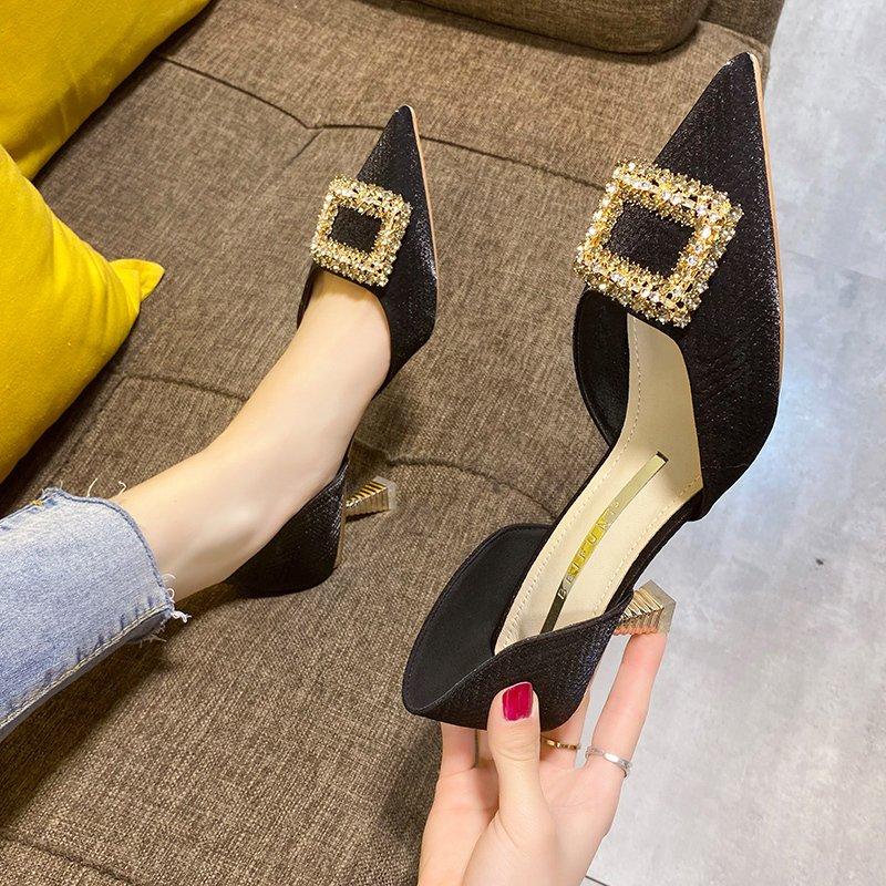 Блестящие стразы с квадратной пряжкой, декорированные туфли для выпускного вечера, темпераментные туфли с острым носком и средней полостью, женские туфли-лодочки на тонком каблуке, высокие каблуки