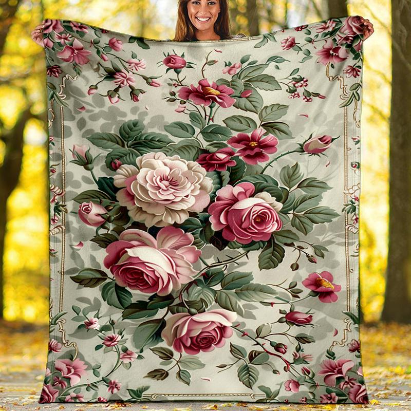 Floral Bouquet Print Flannel Blanket, Soft Warm Lightweight Throw Blanket for living Room,Sofa Bed Camping office