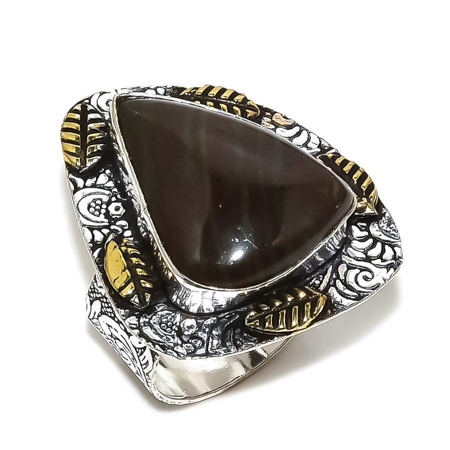 Natural Dragon Jasper Gemstone Two Tone 925 Sterling Silver Ring Size 7.5 U5R53