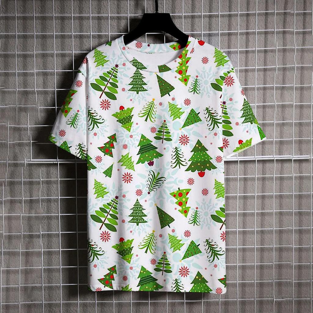 Santa Claus Print T Shirt For Men Cartoon Snowman Pattern Short Sleeve Loose Top Casual O-neck Boys and Girls Tee X'mas Clothing