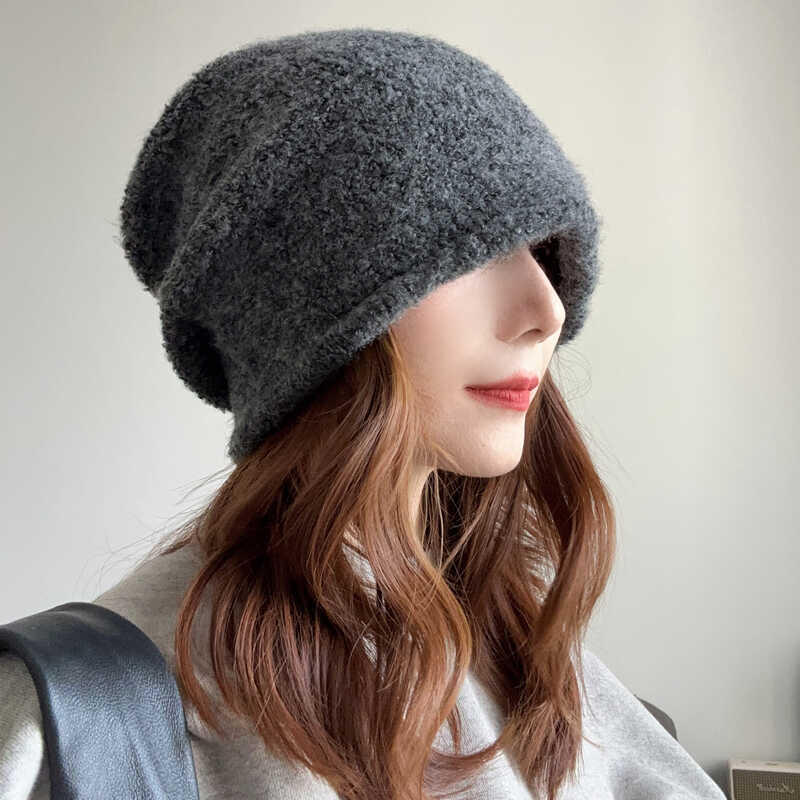 Дизайнерская вязаная круглая шапка для волос, однотонная, женская, осенне-зимняя, баотоу, защитная шапка для ушей, завивка, шерстяная, универсальная