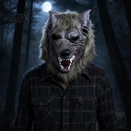 Realistic Latex Headgear Halloween Werewolf Full Head Mask, Wolf Cosplay with Creepy Costume Mask Fur, Party Haunted House Prop, Adjustable