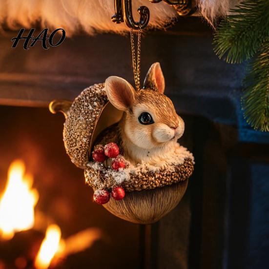 Elegant Holiday Decor Forest Animal Acorn Hanging Ornament, 2D Acrylic Flat Printed Tree Seasonal Ornaments for Christmas, Woodland Creature Pendant,