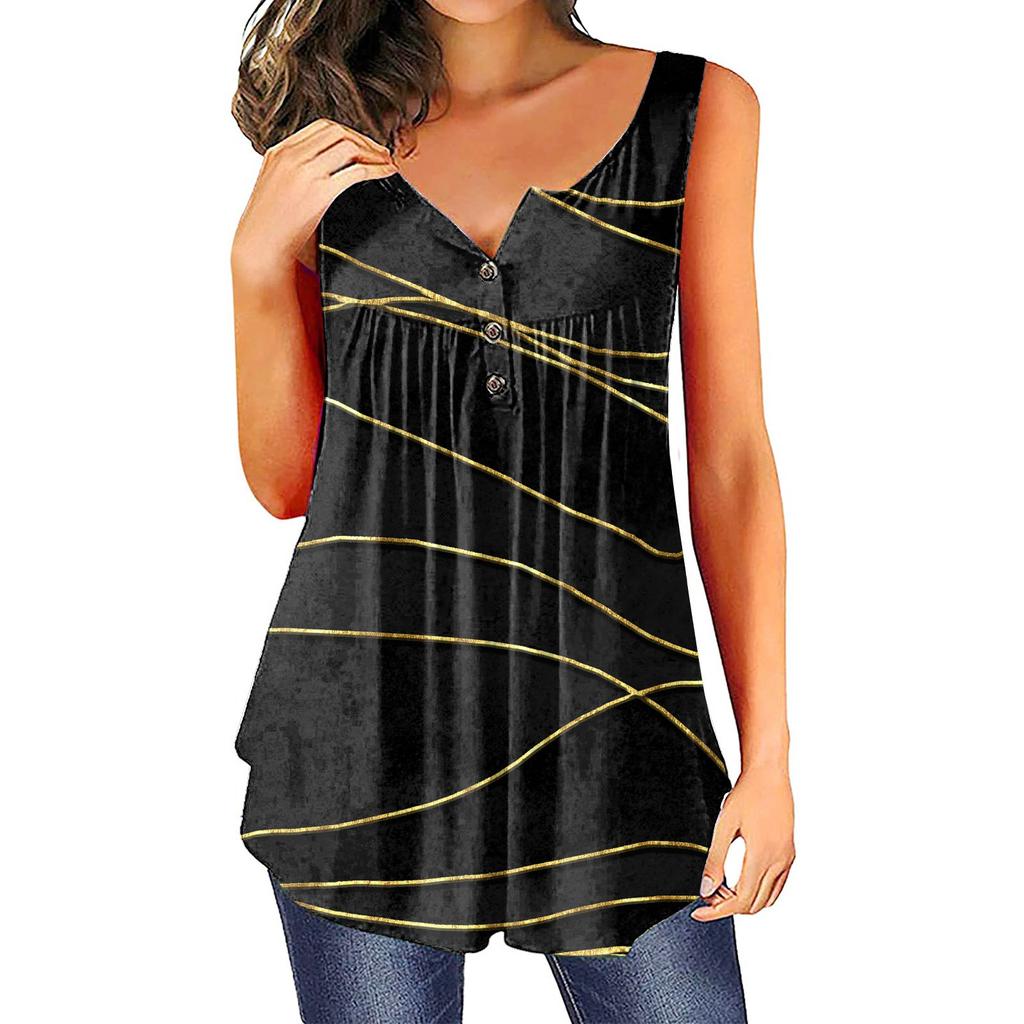 (SU)Женская мода с цветочным принтом плиссированная повседневная футболка без рукавов жилет на пуговицах