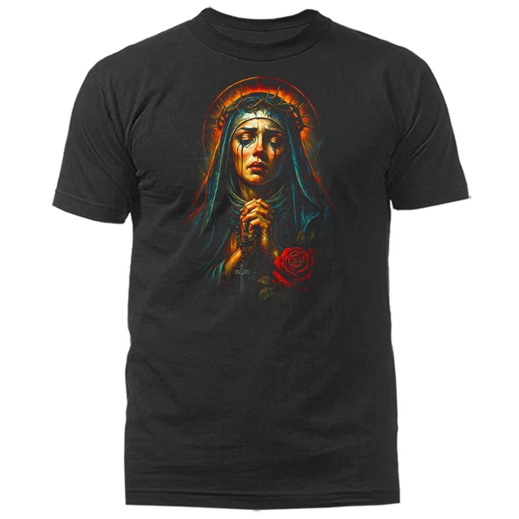 Praying Woman Sacred Madonna Art Cross Blessed Woman Streetwear T-Shirt