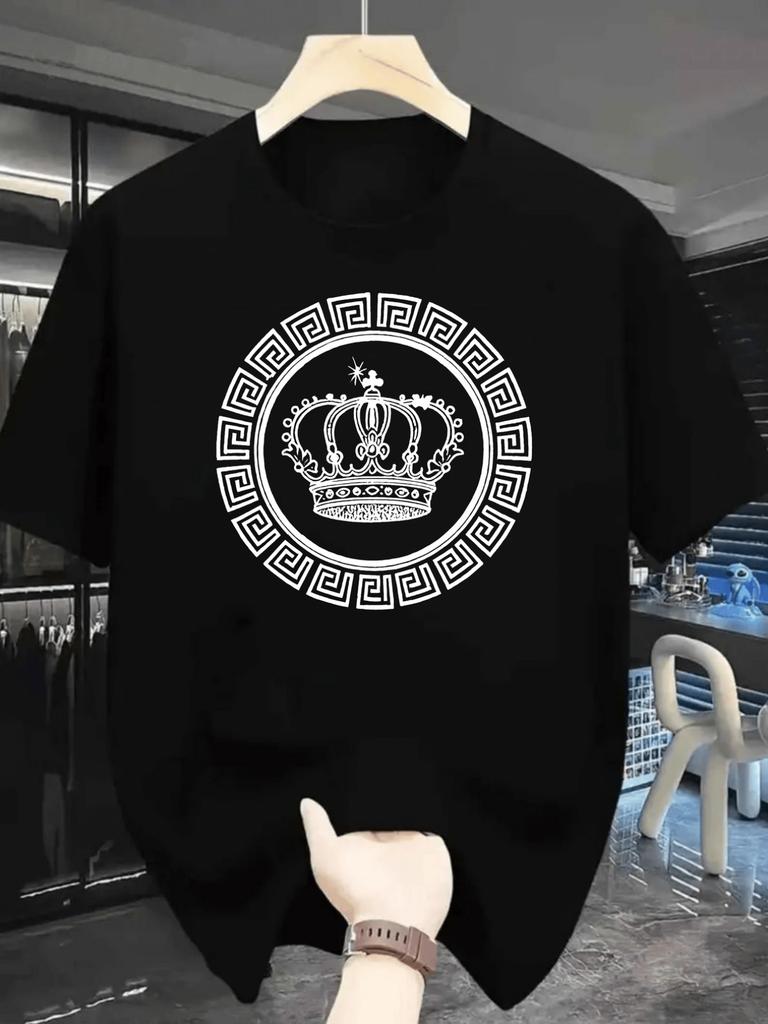 Men'S Black Graphic T-Shirt with Crown & Greek Key Design | Stylish , Short Sleeve, Round N