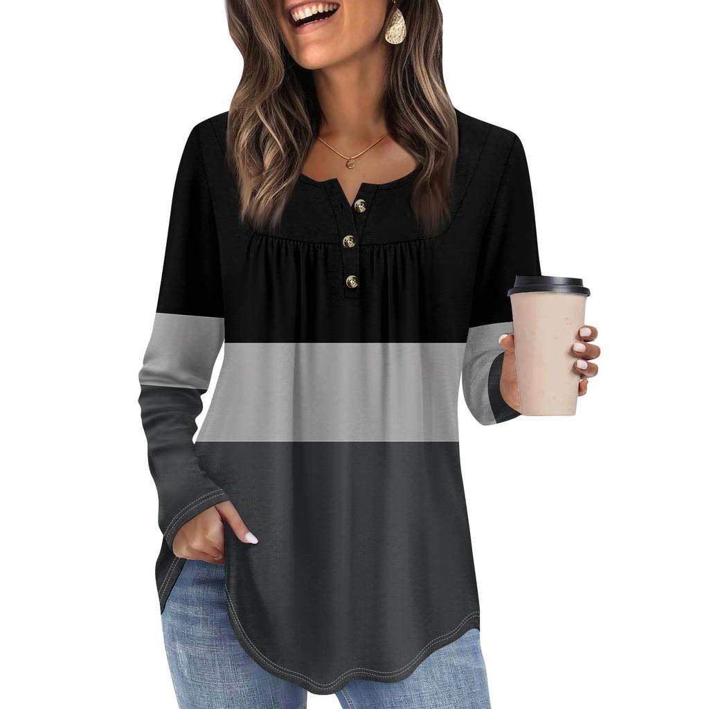 Женская туника с длинным рукавом, свободные топы, повседневные топы оверсайз, плиссированная туника, застегивающаяся на пуговицы, повседневные женские топы с принтом