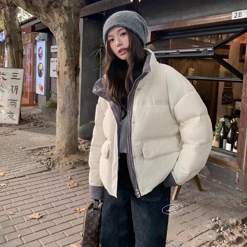 Контрастный цветной стоячий воротник-пуховик 2024 зима новый свободный модный допамин утолщенный теплый хлеб куртка