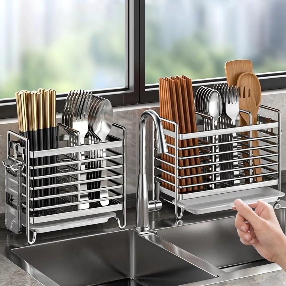 No-Drill Chopstick Holder Rack Stainless Steel Cutlery Rack Kitchen Cutlery Organizer