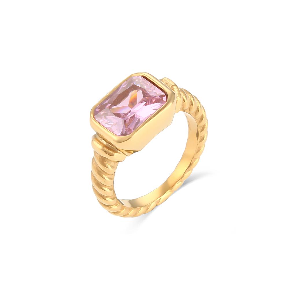 E.B.belle Christmas Jewelry Luxury Texture Engraved Side Rectangle 3A Zircon Stone Rings For Women Stainless Steel Gold Gem Ring
