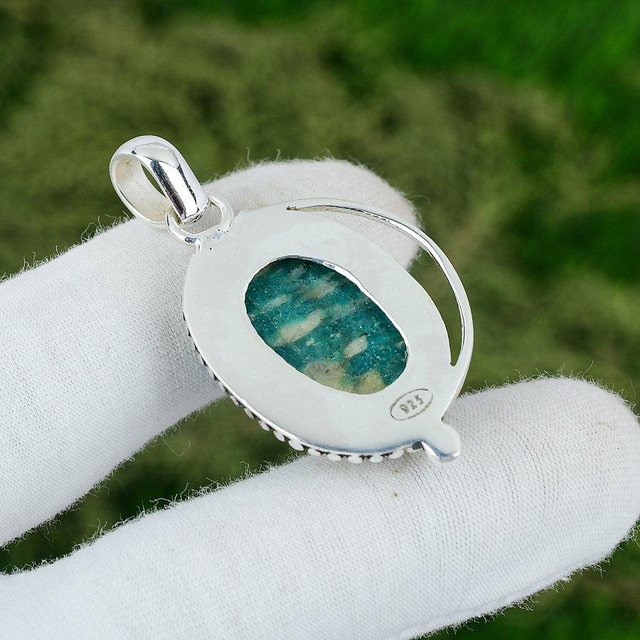 Natural Amazonite Gemstone Indian Jewelry 925 Sterling Silver Pendant For Women