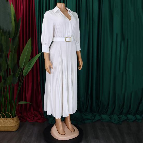 Летнее женское платье с V-образным вырезом и лацканами, трапециевидной формы, рукава три четверти, плиссированная тонкая талия, большие размеры, чистый цвет, длина до середины икры, OL, повседневное платье миди