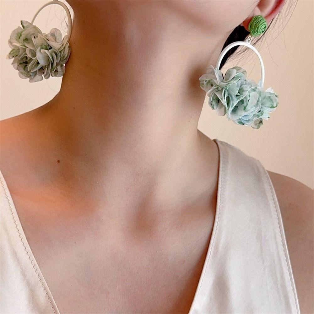 Colorful Fabric Flower Eardrop Sweet Exaggerated Earrings Fashion Mesh Flower Earrings Women