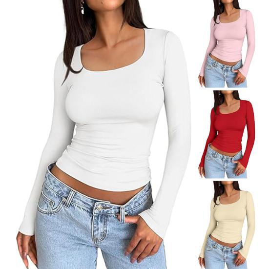 Женские топы с круглым вырезом, длинным рукавом, облегающие, однотонные, эластичные, стандартного кроя, универсальные блузки