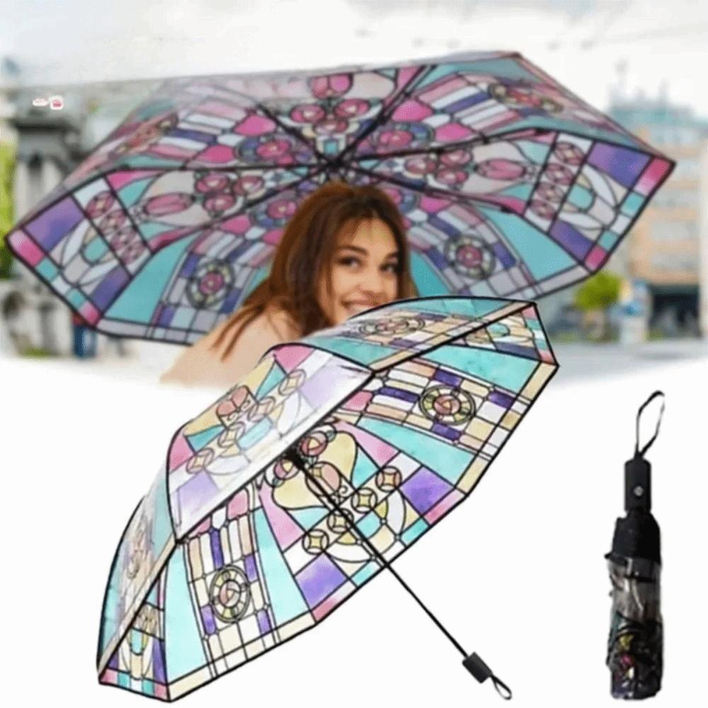 Hand-Painted Design Transparent Umbrella Stained Glass Print Automatic Umbrella  Rain Protection