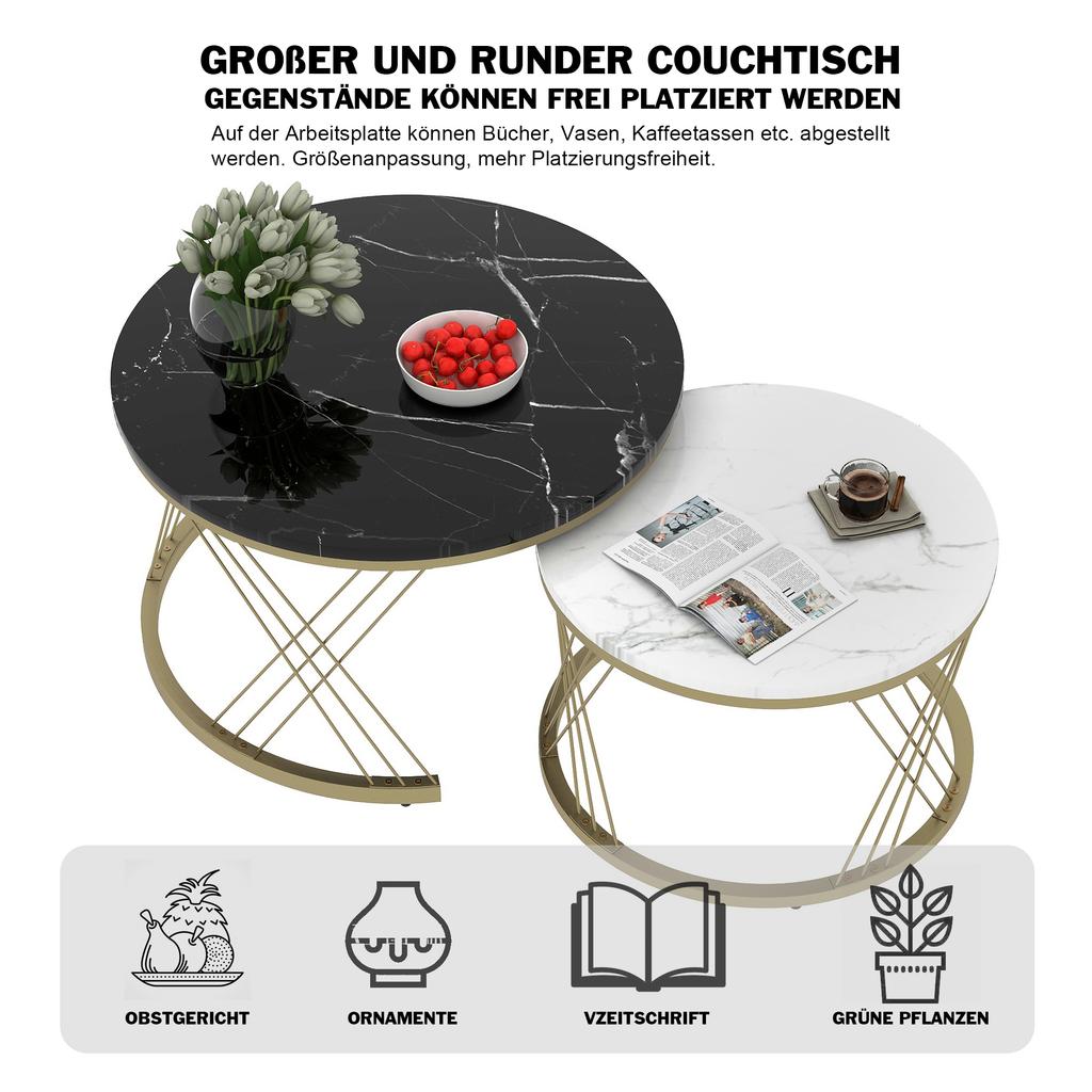 WF300416BAA) Modern Nesting Coffee Table, Coffee Table Set Marble Veneer Sofa Side Nest of Tables Round End Tables, Set of 2, Golden Color Frame