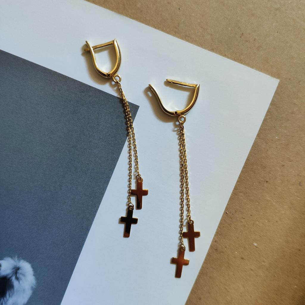 Золотые серьги длинные подвески кресты с цепочками 585 пробы желтое европейское золото без камней (209405003)