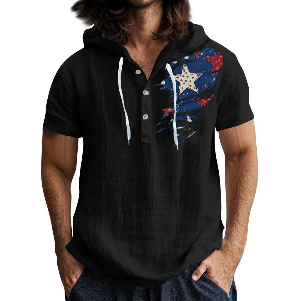 Мужская повседневная футболка с короткими рукавами, капюшоном и открытым воротом на пуговицах